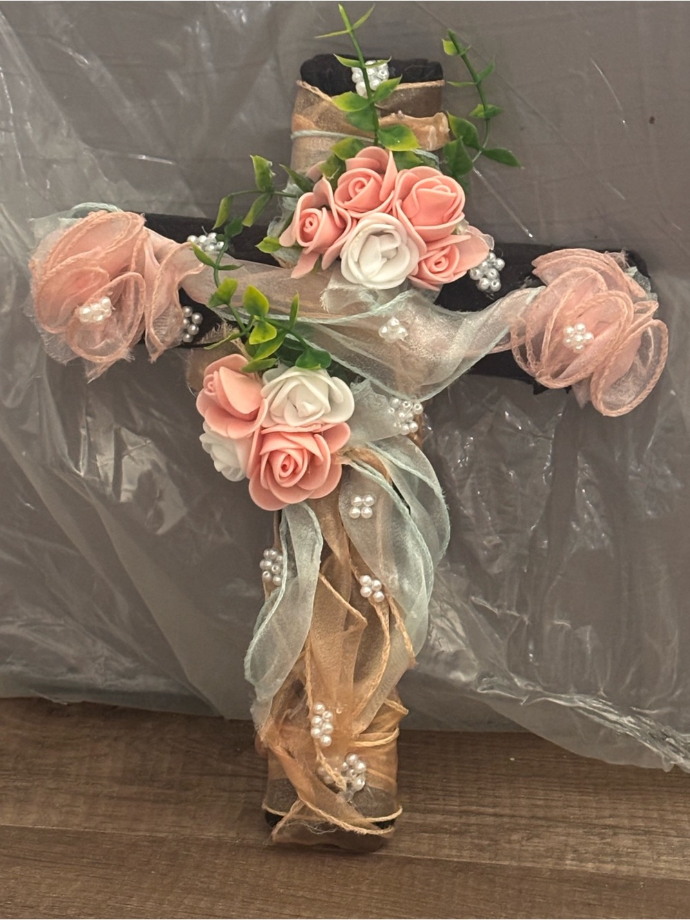 Hand Crafted Blush and White Floral Cross Wall Accent